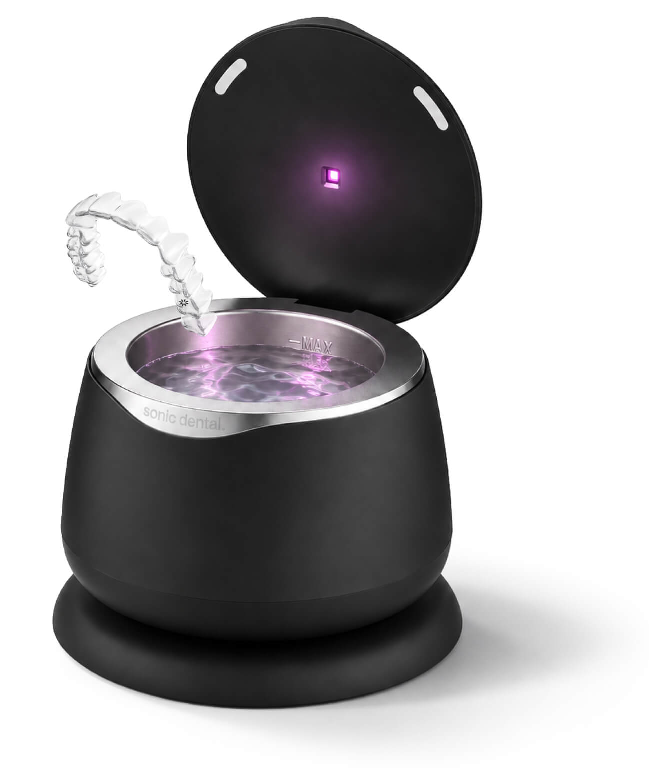 Sonic Odyssey cleaner with its lid open and a clear aligner
